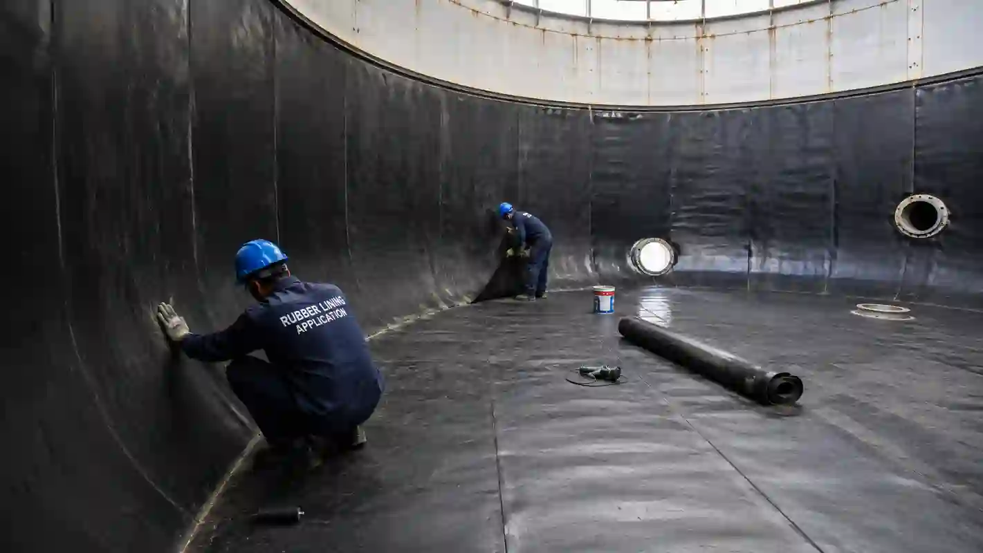 Workers applying rubber lining inside a large industrial storage tank for corrosion protection