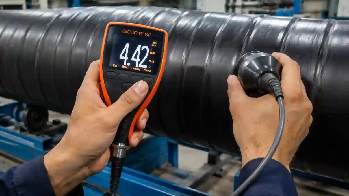 Inspector measuring rubber lining thickness on industrial pipe using digital ultrasonic gauge