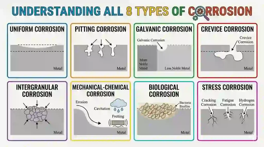 A comprehensive infographic guide titled 'Understanding All 8 Types of Corrosion' featuring eight labeled technical