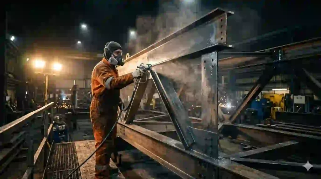 Airless spray painting process showing paint atomization through spray tip