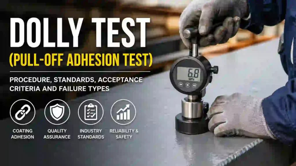 Dolly Test setup showing dolly, adhesive, coating, substrate and pull-off force direction in adhesion testing