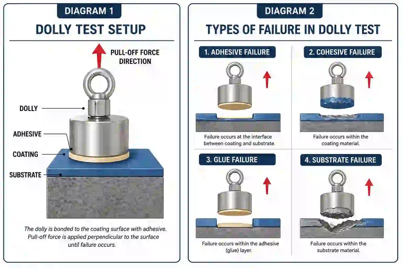 Dolly Test setup showing dolly, adhesive, coating, substrate and pull-off force direction in adhesion testing
