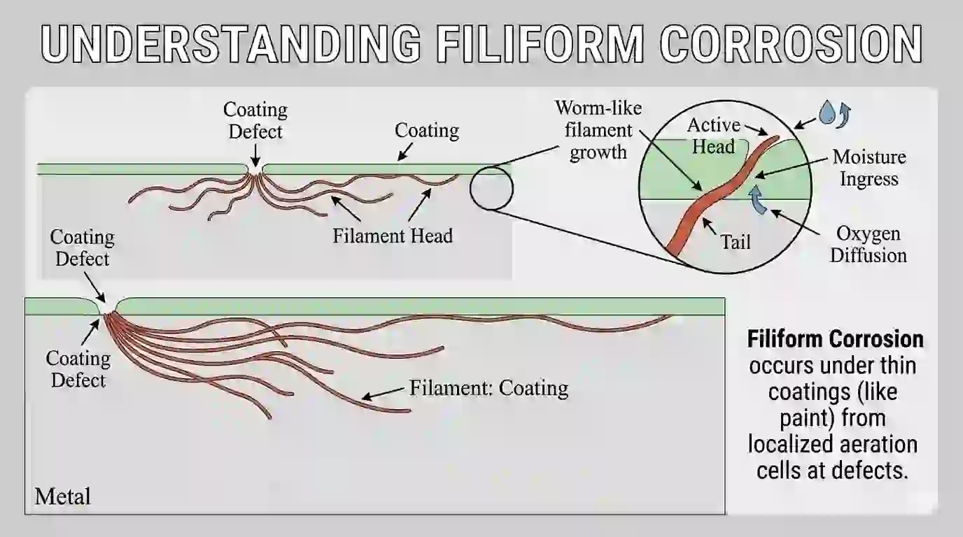 "Technical diagram of Filiform Corrosion showing worm-like filaments spreading under a thin protective coating from a surface defect, with a magnified view of the active head illustrating moisture ingress and oxygen diffusion."
