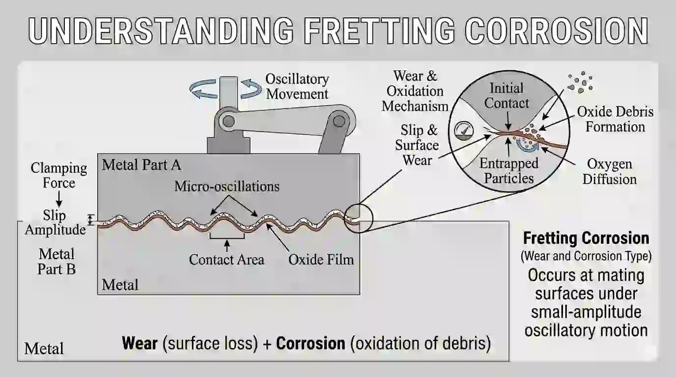 "Technical diagram of Fretting Corrosion showing micro-oscillations between two mating metal surfaces, with a magnified view illustrating the formation of oxide debris and surface wear caused by small-amplitude oscillatory movement."