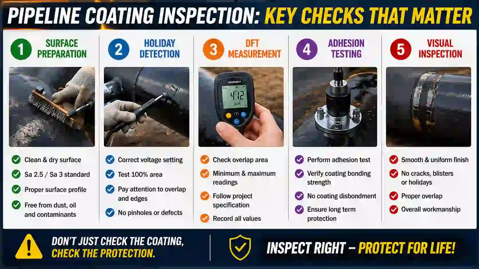 Pipeline coating inspection checklist including surface preparation, holiday detection, DFT measurement and adhesion testing