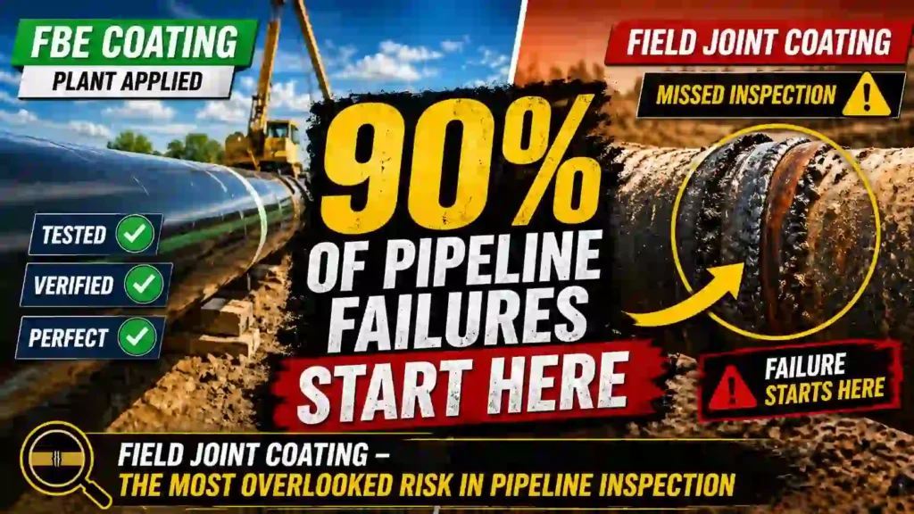 Pipeline coating inspection showing FBE mainline coating vs field joint coating failure at girth weld with corrosion risk