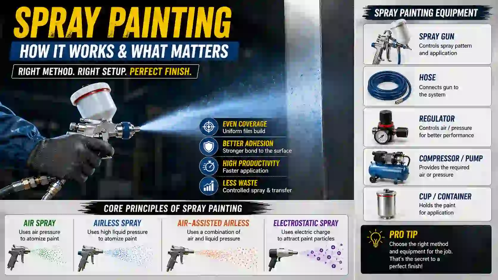 Spray painting equipment setup showing spray gun, hose, regulator, compressor and core spray painting principles