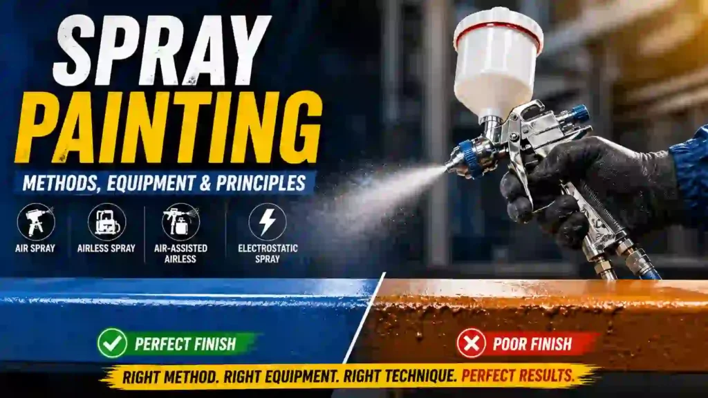 Spray painting process showing spray gun application with perfect finish vs poor finish comparison in industrial coating