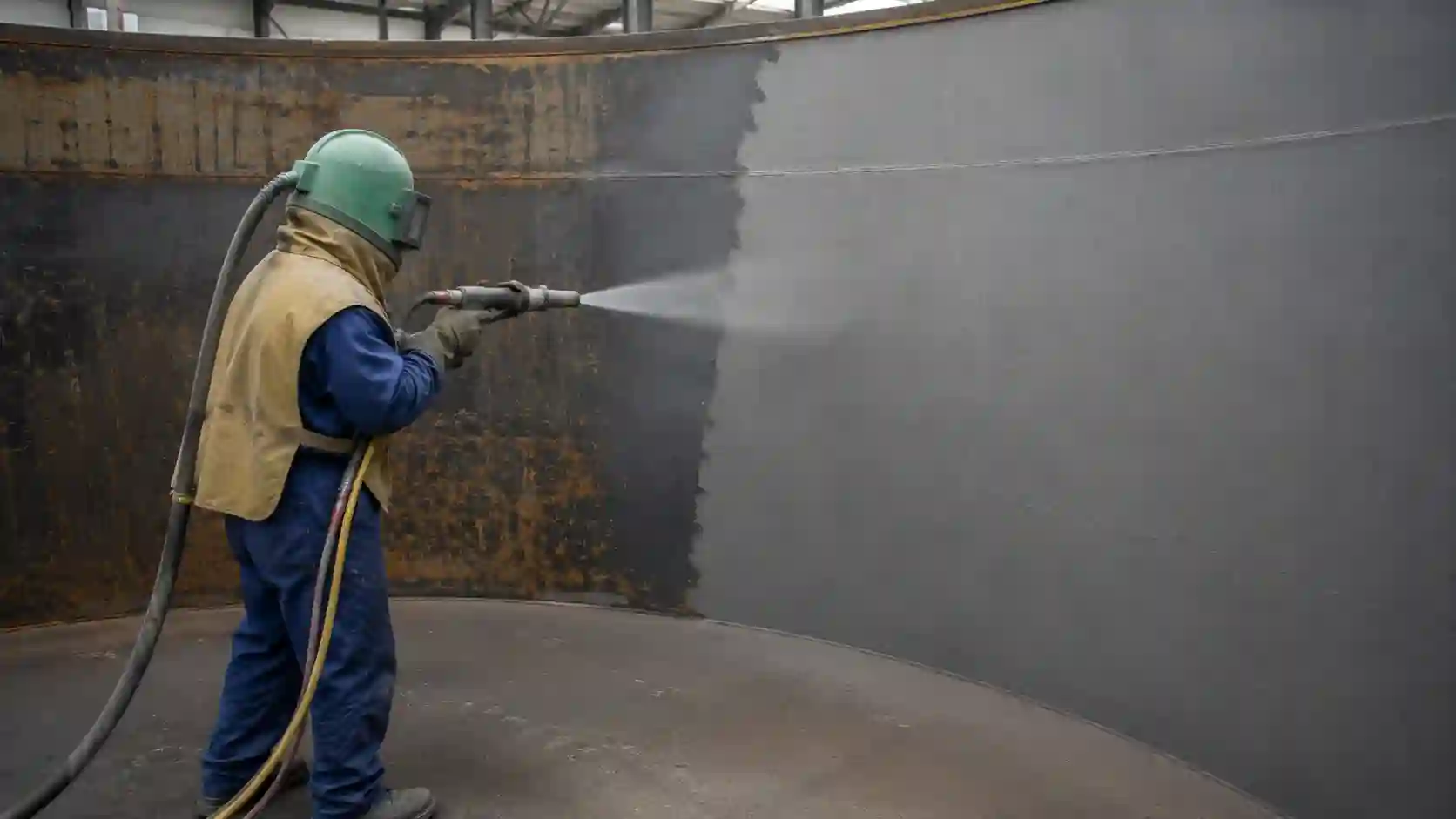Abrasive blasting of steel tank surface to SA 2.5 standard before rubber lining application
