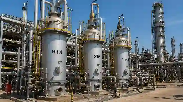 Photo of alkylation reactor vessels in petroleum refinery used for high-octane fuel production