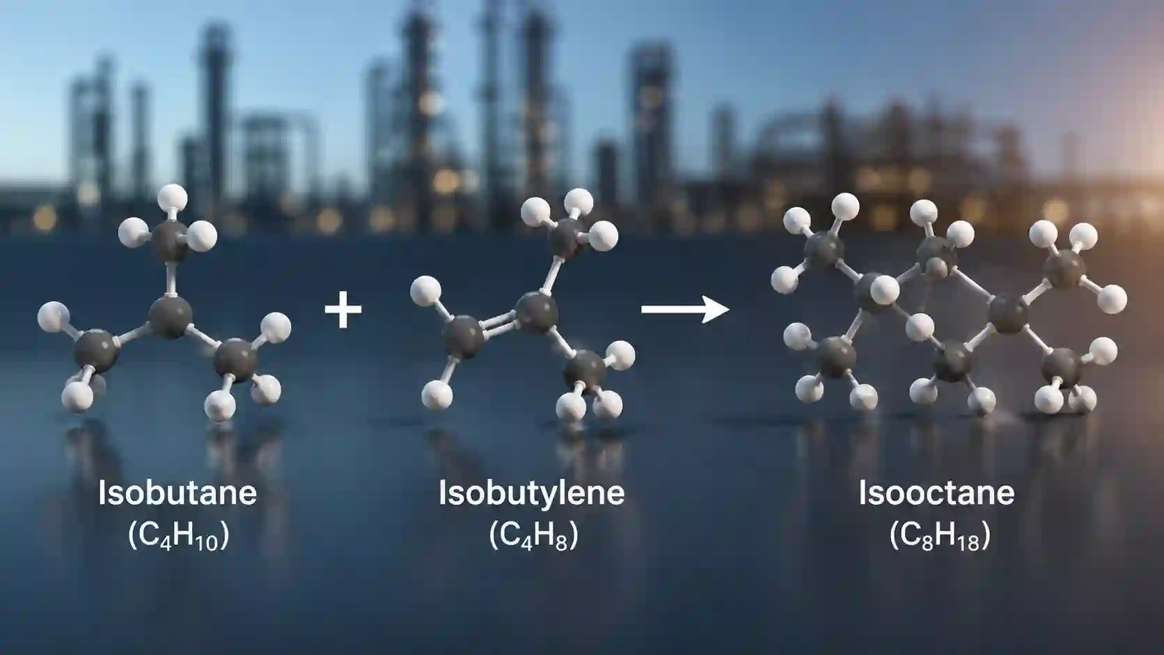 Molecular diagram showing alkylation reaction of isobutane and isobutylene forming isooctane
