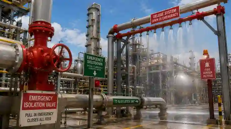 Refinery safety system showing emergency isolation valve and deluge protection in alkylation unit