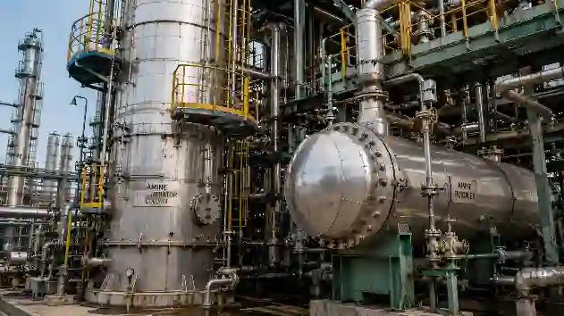 Close-up view of amine recovery unit equipment in refinery