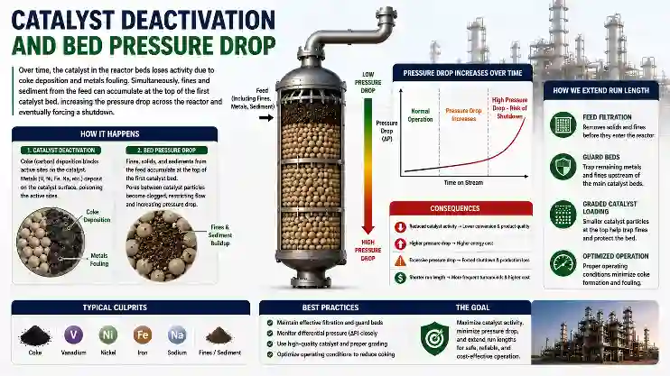 Catalyst deactivation and bed pressure drop in hydrotreating unit showing coke deposition, fouling and reactor pressure increase