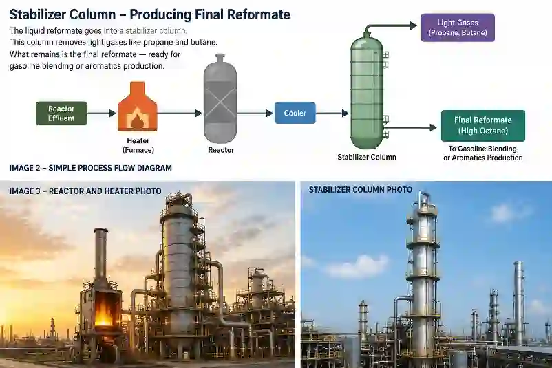 Catalytic reforming process flow diagram with reactor, heater, and stabilizer column in refinery