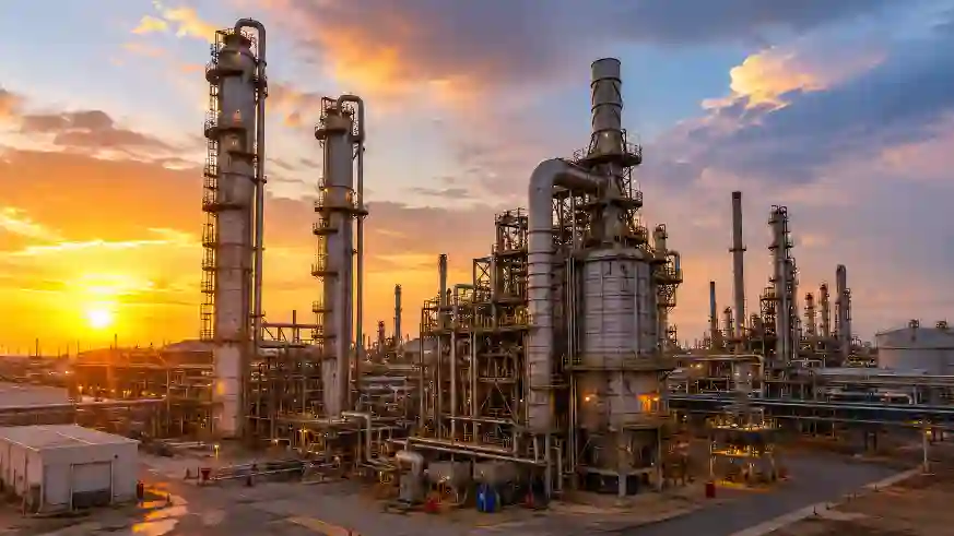 Catalytic reforming process unit in an oil refinery with reactors, furnace, and piping at sunset