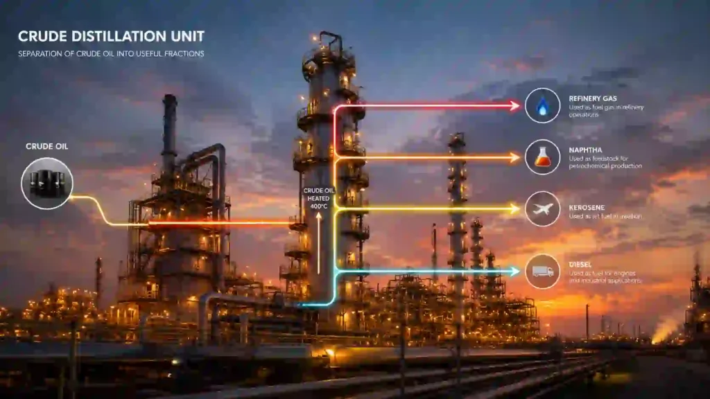 Crude Distillation Unit in an oil refinery showing separation of crude oil into gas, naphtha, kerosene, and diesel through atmospheric distillation