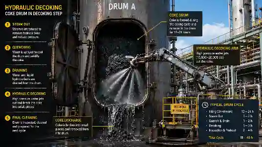 Hydraulic decoking operation on refinery coke drum using high pressure water jet during delayed coking process