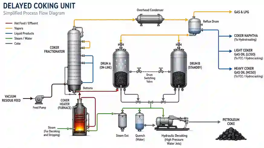 Process flow diagram of a delayed coking unit showing coker heater, coke drums, fractionator, vapor recovery, and petroleum coke production