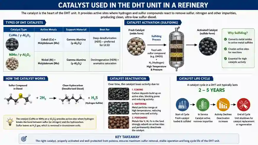 Catalyst used in DHT unit in refinery showing CoMo and NiMo catalyst types for diesel hydrotreating sulfur removal
