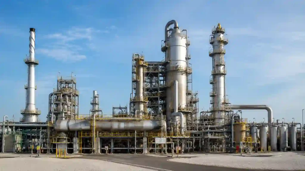 Diesel Hydrotreater (DHT) unit in an oil refinery showing reactors, pipelines, and processing equipment
