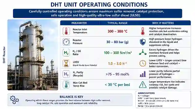 DHT unit operating conditions in refinery showing reactor temperature, pressure, hydrogen ratio and catalyst bed limits