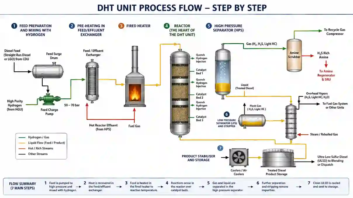Step-by-step process flow diagram of DHT unit in refinery showing reactor, heater, separators and diesel hydrotreating stages