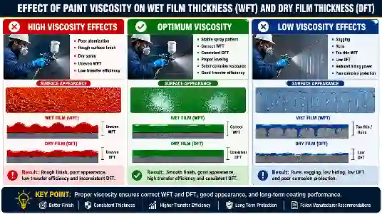 Infographic showing the effect of high, low, and optimum paint viscosity on wet film thickness (WFT), dry film thickness (DFT), spray quality, surface finish, and corrosion protection in industrial coating applications.
