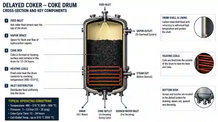 Technical illustration of delayed coker coke drum showing internal structure, nozzles, vapor outlet, quench section, and refinery process connections