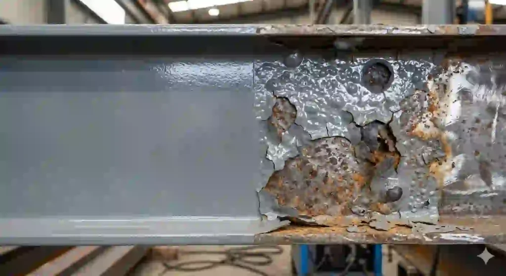 Epoxy coating failure on steel surface showing blistering, peeling, and corrosion during industrial inspection.