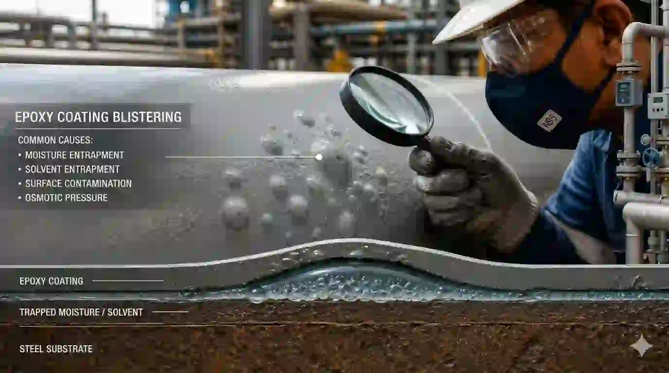 Epoxy paint blistering causes showing moisture, solvent entrapment, and surface contamination on coated steel.
