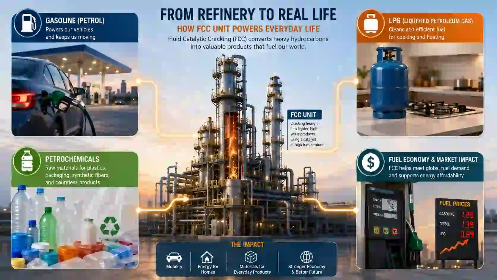 Infographic showing how fluid catalytic cracking (FCC) in oil refineries connects to everyday life, including petrol for vehicles, LPG for cooking, plastics from petrochemicals, and fuel prices at the pump.
