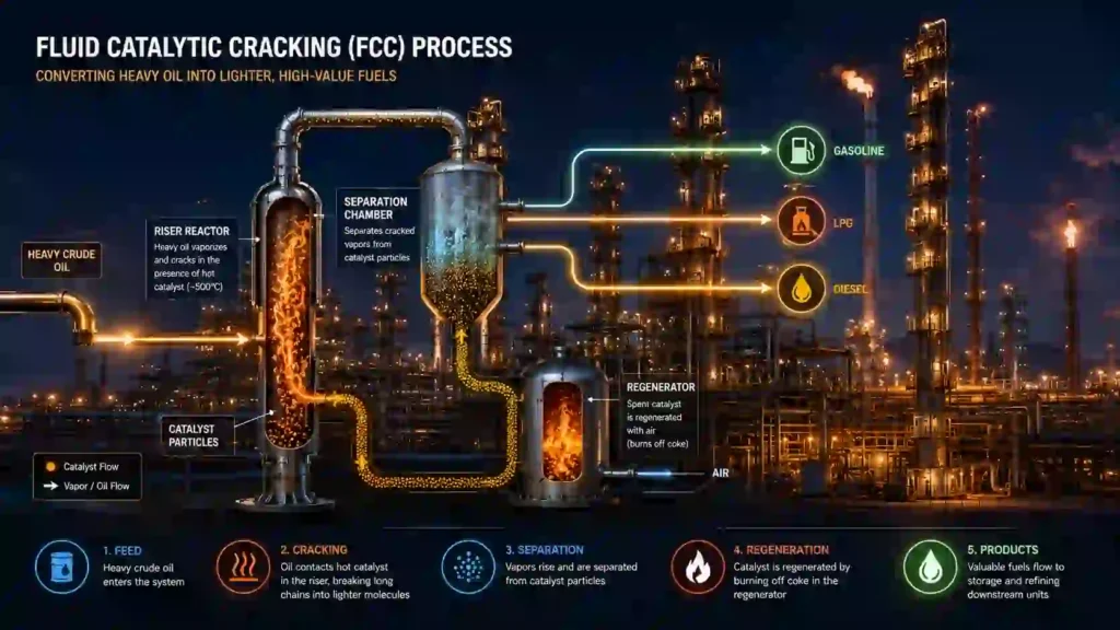 Fluid catalytic cracking (FCC) unit in an oil refinery showing how heavy crude oil is converted into gasoline, LPG, diesel, and other fuels through the FCC process.