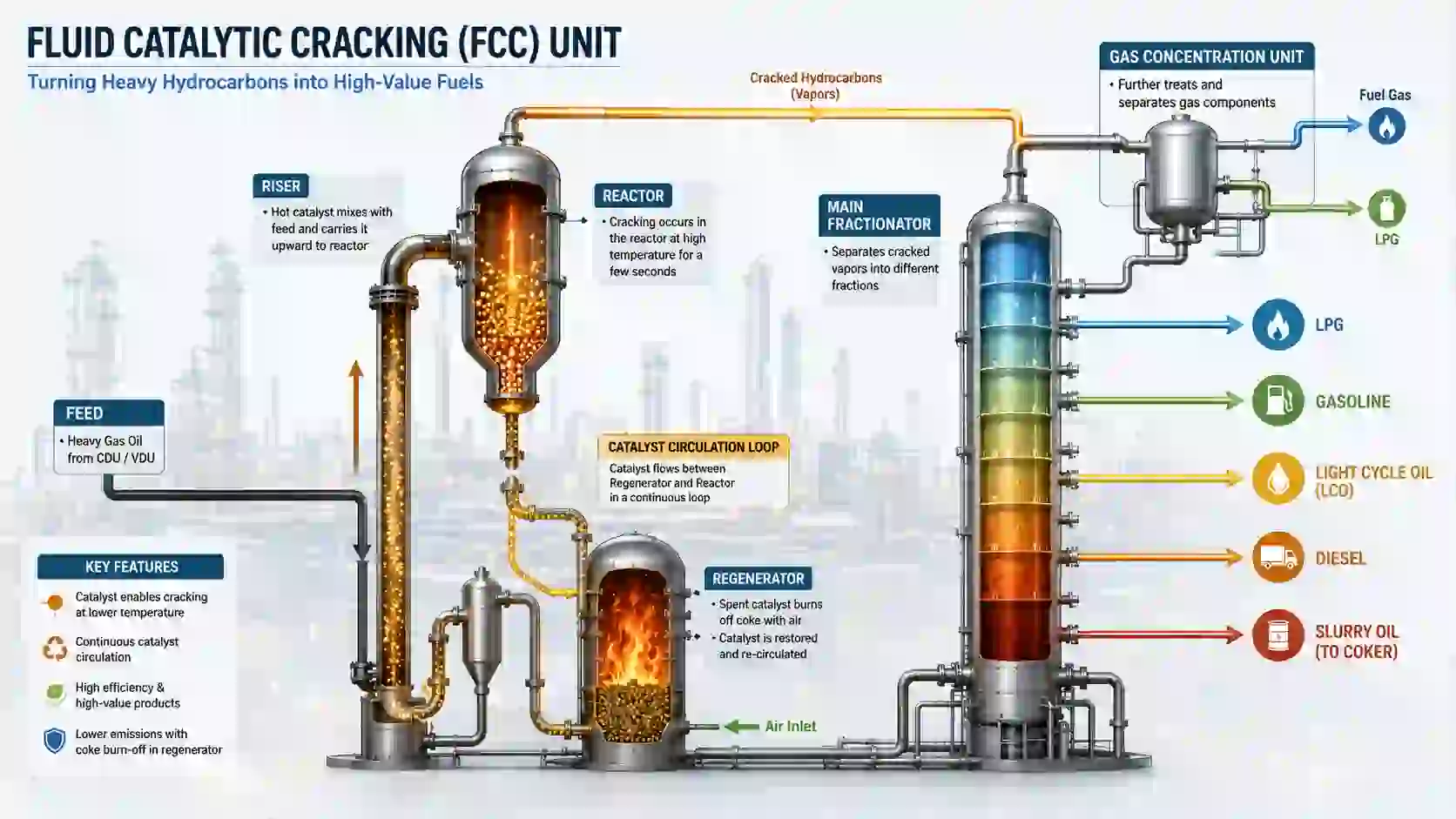 Diagram of a Fluid Catalytic Cracking (FCC) unit showing key components including riser, reactor, regenerator, main fractionator, gas concentration unit, and catalyst circulation used in petroleum refining.