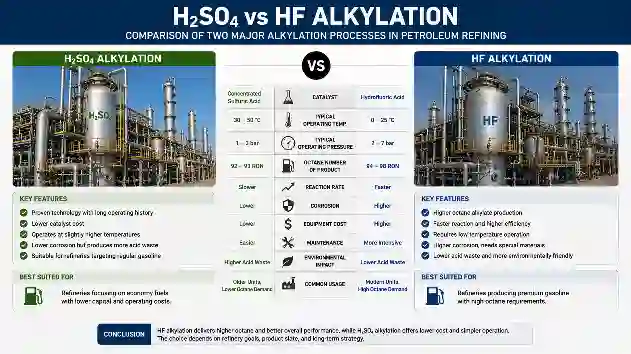 Comparison infographic of sulphuric acid and hydrofluoric acid alkylation processes in petroleum refining