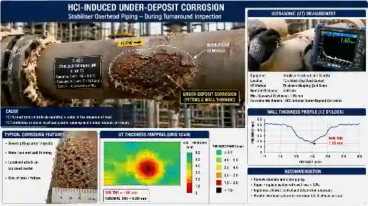 HCl-induced under-deposit corrosion on stabiliser overhead piping in an isomerization unit showing severe pitting and wall thinning during UT inspection