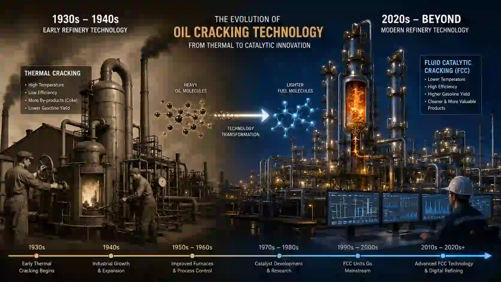 Illustration showing the history of catalytic cracking in oil refining, comparing early thermal cracking methods from the 1930s–1940s with modern fluid catalytic cracking (FCC) technology used in refineries today.