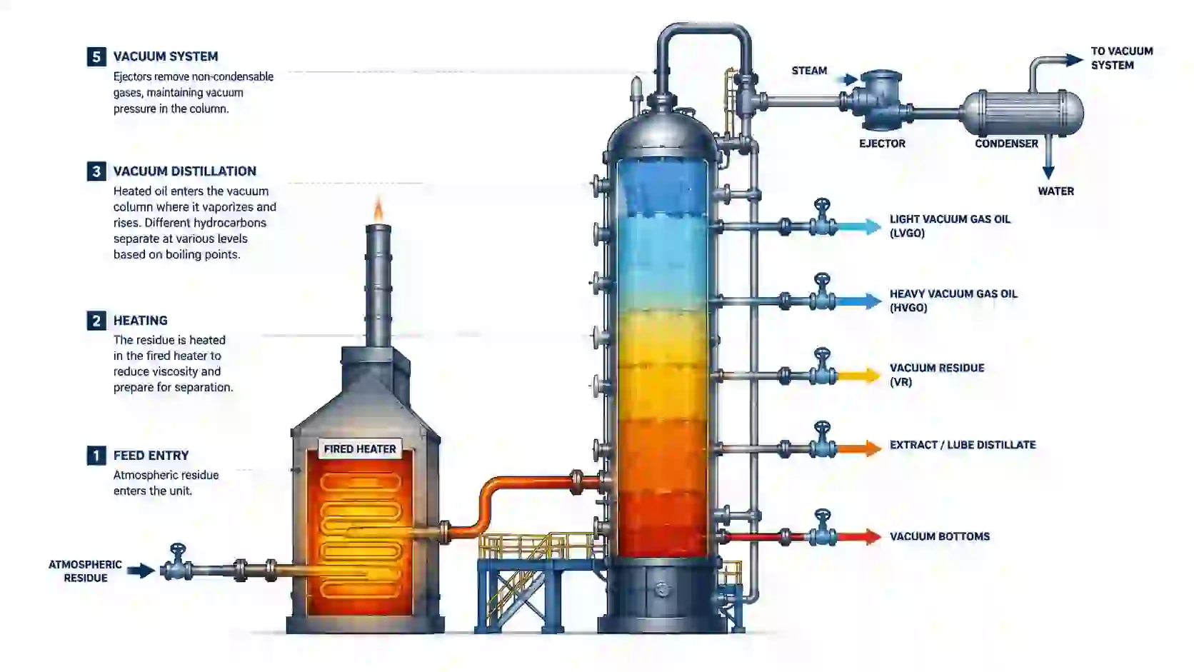 How VDU unit works step by step – vacuum distillation process showing furnace feed, vacuum column separation and ejector system in oil refinery