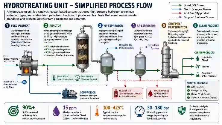 Hydrotreating unit process flow diagram in refinery showing feed preheat, reactor, separators, stripper and clean fuel output
