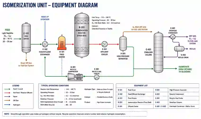 Labelled equipment diagram of an isomerization unit showing feed dryer, reactor, separator, recycle compressor, and stabiliser column in a refinery