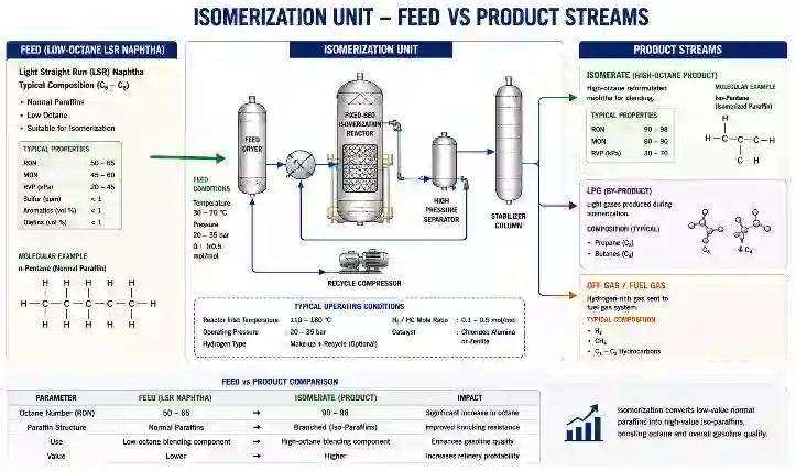 Diagram showing isomerization unit feed low-octane LSR naphtha versus high-octane isomerate, LPG, and off-gas product streams