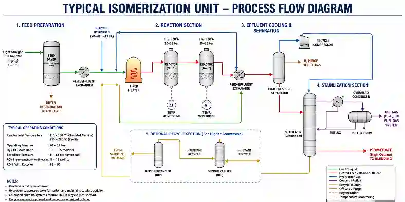 Process flow diagram of an isomerization unit showing feed dryer reactors stabilizer column hydrogen recycle and isomerate production