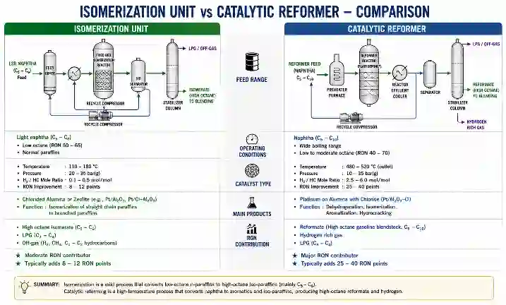 Side-by-side comparison of isomerization unit and catalytic reformer showing feed range, catalyst type, operating conditions, products, and RON contribution