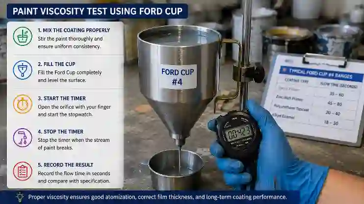 Step-by-step Ford Cup paint viscosity testing procedure showing coating flow measurement and stopwatch timing during industrial coating inspection.