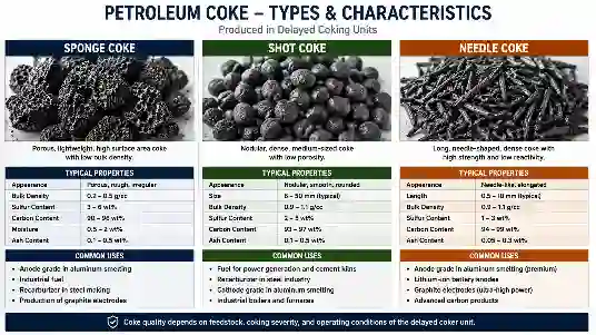 Comparison of petroleum coke types including sponge coke, shot coke, and needle coke produced in delayed coking units