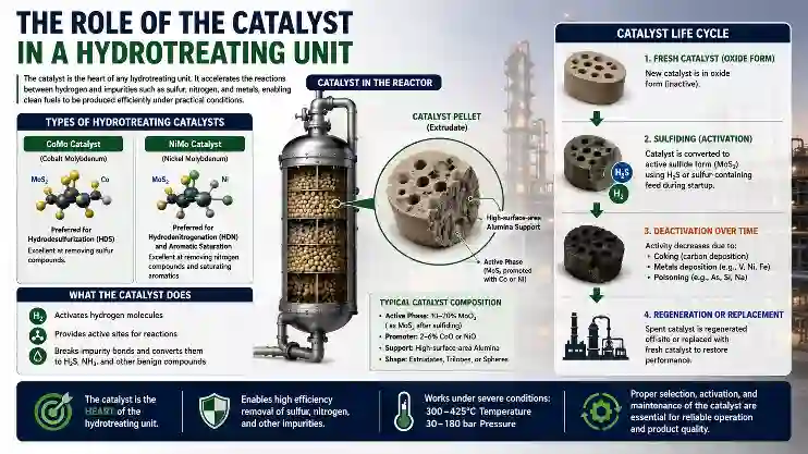 Role of catalyst in hydrotreating unit showing CoMo and NiMo catalysts used for sulfur and nitrogen removal in refinery