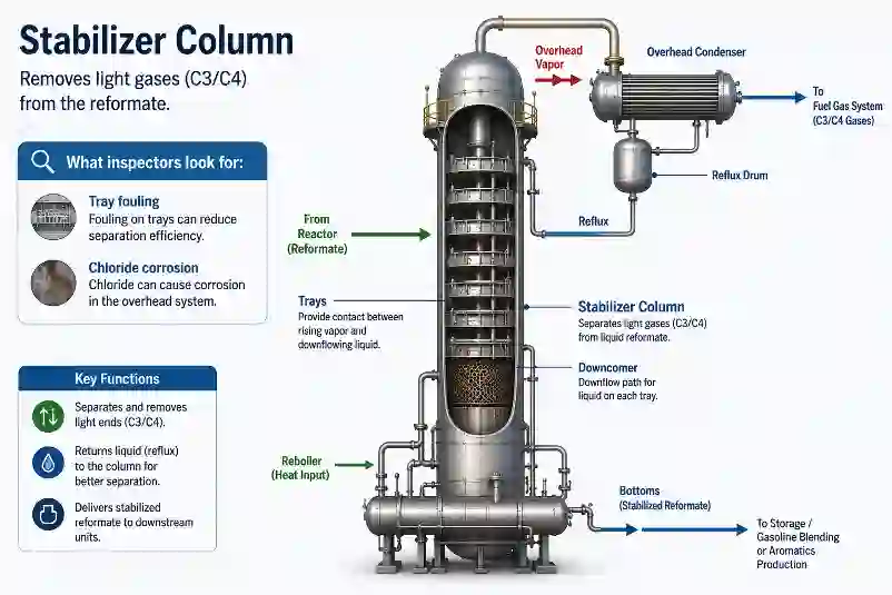 Stabilizer column in catalytic reforming process showing light gas removal and key inspection points