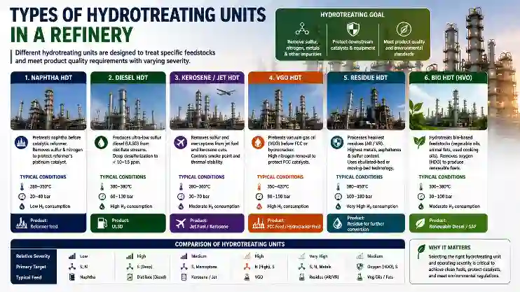 Types of hydrotreating units in refinery including naphtha, diesel, kerosene, VGO, residue and bio hydrotreating units