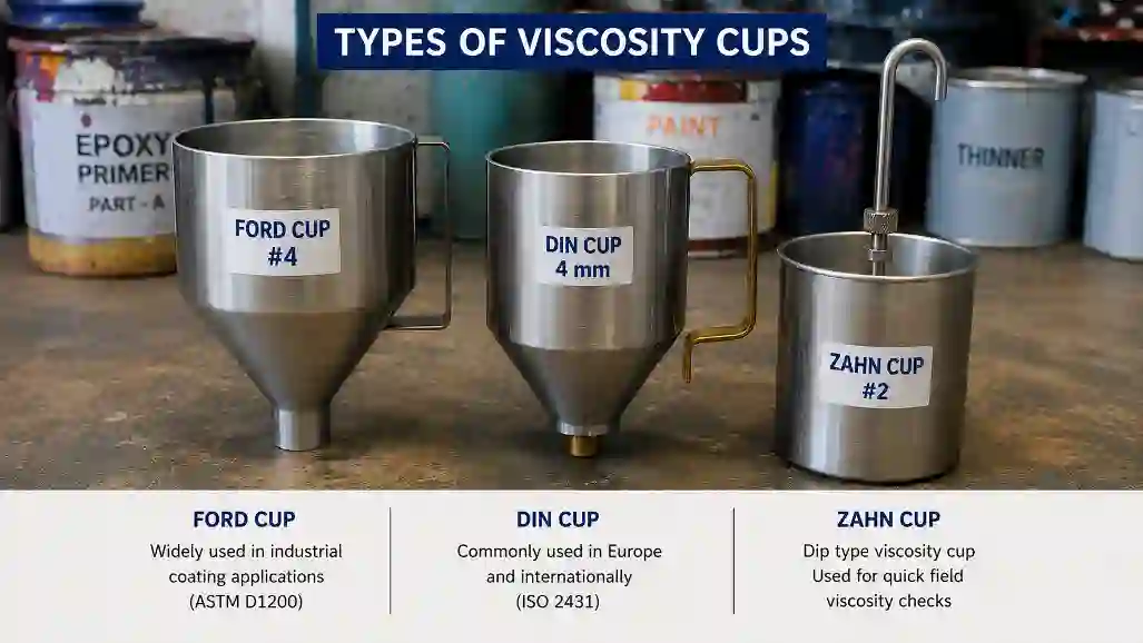 Comparison of Ford Cup, DIN Cup, and Zahn Cup used for paint viscosity measurement in industrial coating inspection.