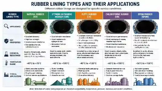 Comparison infographic showing different rubber lining types and their industrial applications for tanks and piping
